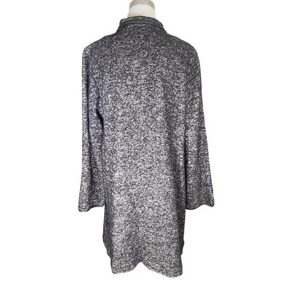 ⚜️ EILEEN FISHER ⚜️ sz L black tweed & leather lighter coat jacket transitional - Picture 8 of 11